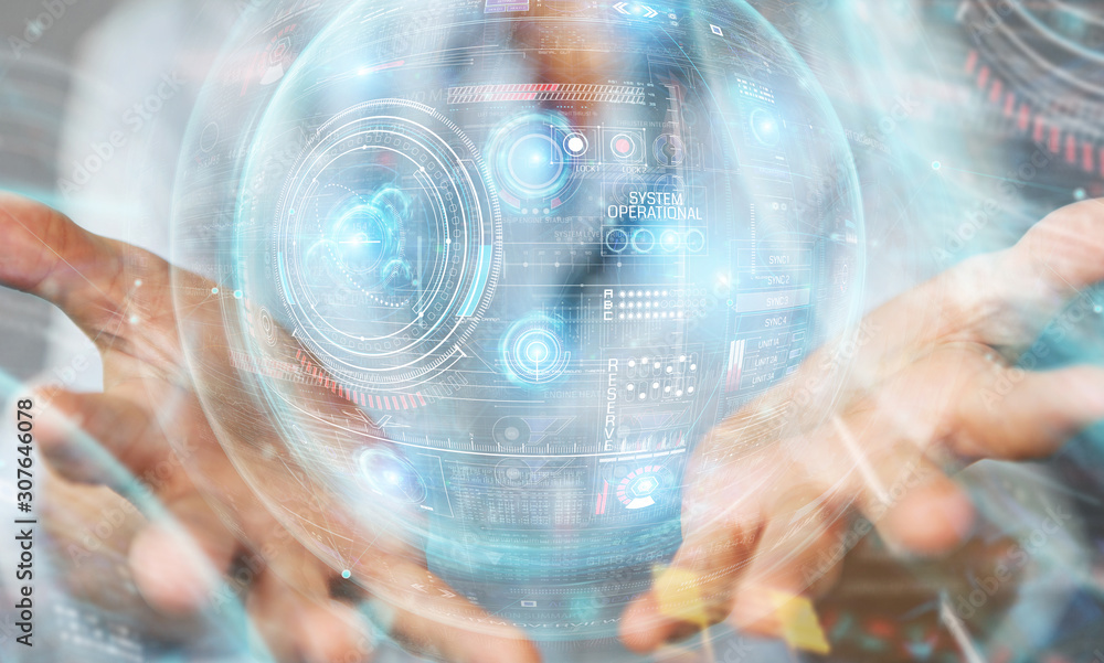 Fototapete woman using digital technological interface with datas 3d rendering