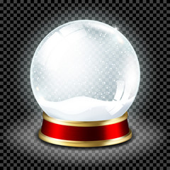 Christmas ball with snow on dark transparent background.