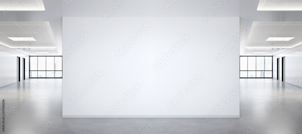 Poster Blank wall in bright office mockup with large windows and sun passing through 3D rendering