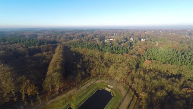 Jib down of beautiful forest in Baarn, the Netherlands
