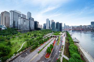 Fototapeta na wymiar Road and tall buildings on both sides, urban landscape of Chongqing, China.