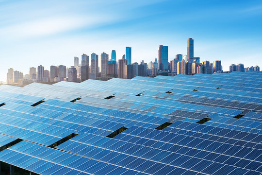 Photovoltaic and modern city skyline, China Chongqing.