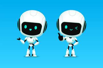 Set of cute robot ai character show thumb up and presentation