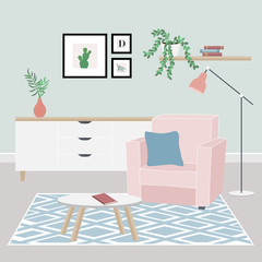 Cozy home interior with house plants, coffee table, chest of drawers, comfort armchair and home decorations. Comfortable interior in decorated in Scandinavian style.