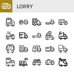 Set of lorry icons such as Garbage truck, Delivery truck, Cargo truck, Lorry, Ice cream Van, Trailer, Tank , lorry