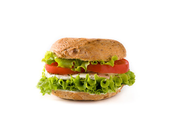 Vegetable bagel sandwich with tomato, lettuce, and mozzarella cheese isolated on white background