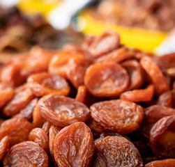 Heap of dried apricots close-up in market, Uzbekistan