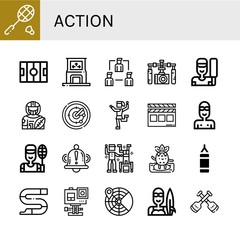 Set of action icons such as Badminton, Hockey pitch, Dance, Share, Gimbal, Cricket, American football player, Radar, Traditional dance, Clapperboard, Swimmer, Bell, Surfing , action