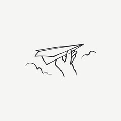 Simple line hand with paper plane design concept