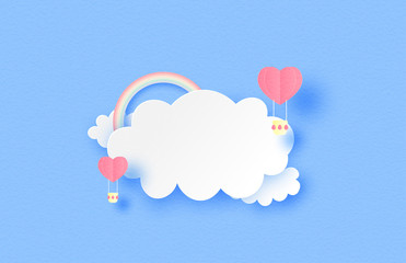 Illustration of love banner. Heart shape hot air balloon Floating on clouds and rainbow in paper cut style. Digital craft paper art.