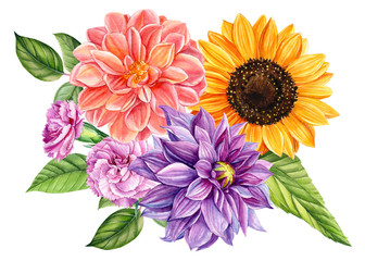 bouquet flowers dahlia, sunflower, carnations flowers on an isolated white background, watercolor illustration, botanical flora painting