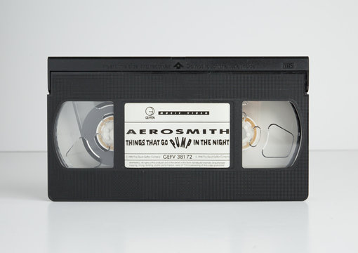 london, england, 05/05/2018 Rock band Aerosmith. Old retro vhs tape  isolated on a white background. nostalgic 1980s music video.