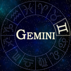 Enlightened symbol of the zodiac sign Gemini in a wheel containing all the zodiac signs with stars and the universe in the background