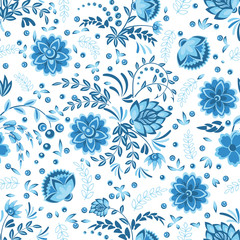 Fototapeta na wymiar Seamless pattern with openwork floral ornament in blue, light blue and white in gzhel style