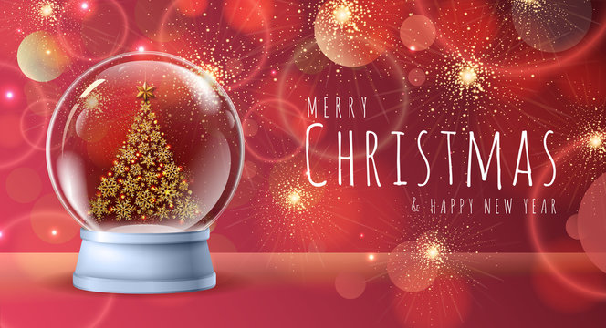 Realistic vector illustration of snow globe with golden christmas tree inside. Blurred holiday christmas sparkle background
