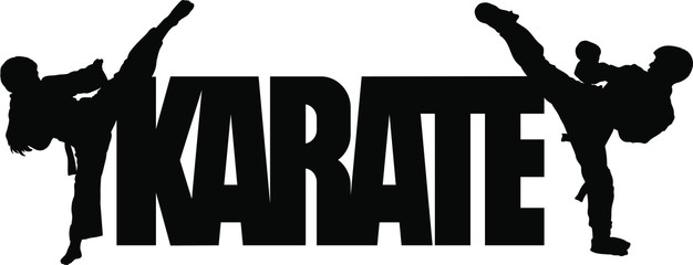 Karate inscription and silhouettes of two athletes kicking a high kick © sharpner