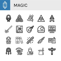 Set of magic icons such as Crystal, Dreamcatcher, Paganism, Wizard, Freemasonry, Magic wand, Spellbook, Rpg game, Crystal ball, Sound editing, Files, Glow, Spark, File , magic