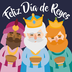 The three kings of orient, Melchior, Gaspard and Balthazar, on a blue background. Christmas vectors. Happy Epiphany written in Spanish