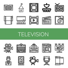 Set of television icons such as Vhs, Film, Tower, Cinema, Antenna, Clapperboard, Television, Video, Video camera, Journalist, Billboards, Movie theater, Movie camera , television