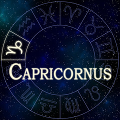 Enlightened symbol of the zodiac sign Capricornus in a wheel containing all the zodiac signs with stars and the universe in the background