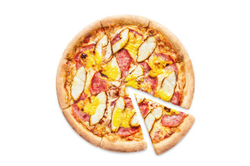Delicious pizza with chicken fillet, ham, cheddar cheese and mozzarella, isolated on white background