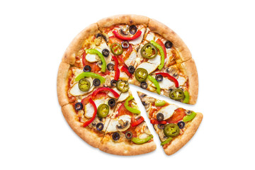 Delicious pizza with chicken fillet, champignon mushrooms, tomatoes, peppers, jalapeno and...