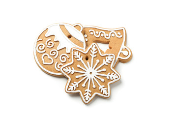 Tasty homemade Christmas cookies isolated on white background, top view