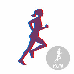 Running woman silhouette. Sports vector illustration. Health and active lifestyle. Sprinter in motion. Silhouette with glitch effect.