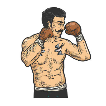 Vintage boxer fighter with mustache sketch engraving vector illustration. T-shirt apparel print design. Scratch board imitation. Black and white hand drawn image.