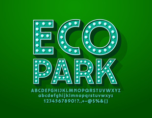 Vector bright glowing Banner Eco Park.  Illuminated light bulbs Alphabet Letters, Numbers and Symbols. Elegant vintage Font with Lamp.