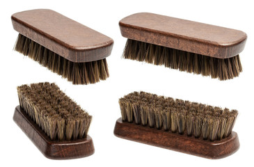Shoe brushes and horsehair polishing brush isolated on white background