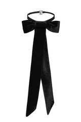 Subject shot of a showy black velvet necktie with long stripes fixed on the leather choker with a...