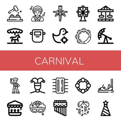 Set of carnival icons such as Whack a mole, Merry go round, Disco, Mask, Samba, Shooting gallery, Ferris wheel, Tambourine, Carousel, Pendulum ride, Buffoon, Carnival mask , carnival