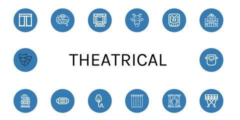 Set of theatrical icons such as Curtain, Carnival mask, Theater, Hand puppet, Mask, Movie theater, Curtains, Theatre , theatrical