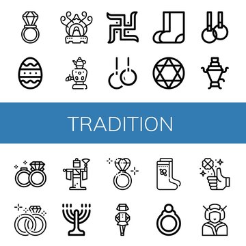 Set Of Tradition Icons Such As Wedding Ring, Easter Egg, Incense Burner, Samovar, Swastika, Rings, Valenki, Torah, Wedding Rings, Kabuki, Menorah, Diamond Ring, Irish , Tradition