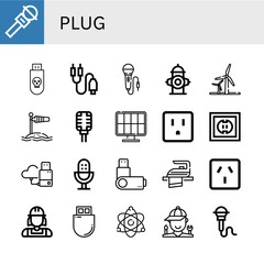 Set of plug icons such as Microphone, Usb, Jack connector, Fire hydrant, Wind energy, Wind socket, Solar energy, Socket, Flash drive, Usb flash drive, Iron, Plumber, Atomic energy , plug