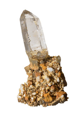 Large and beautiful transparent crystal grown on Albit and Saderite. Isolated on a white background. The stone looks like a phallus