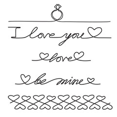 Wedding ring. Continuous one line drawing of i love you, be mine typography lettering script font typographic lineart design. Minimalism concept of romantic. Card, banner, and poster sign