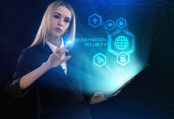 Business, Technology, Internet and network concept. Young businessman working on a virtual screen of the future and sees the inscription: Information security