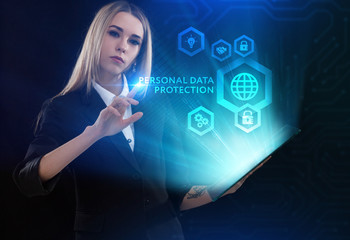 Business, Technology, Internet and network concept. Young businessman working on a virtual screen of the future and sees the inscription: Personal data protection