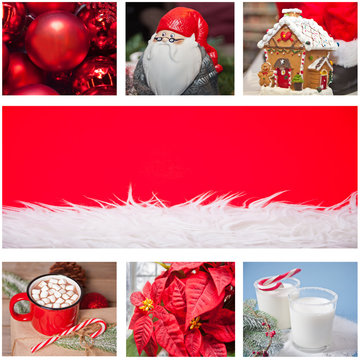 Christmas winter collage of seven photos. Christmas red balls, mug of cocoa with marshmallows, gnomes, glasses of milk, Christmas flower red Poinsettia and gingerbread house