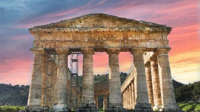 Doric greek temple in Segesta, Trapani, Sicily, Italy. Time lapse effect 4K.