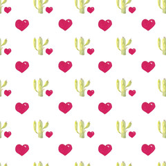 Seamless pattern of watercolor cactus and hearts on a white background. Use for invitations, menus, birthdays