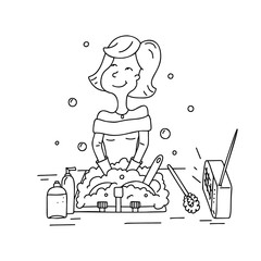 Contour vector illustration on white background. Housewife washes dishes. Outline isolated image for housework. Dreaming young girl. Hand drawn picture