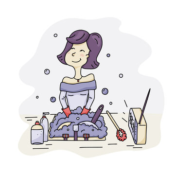 Young smiling woman is standing in front of sink and washing dishes. House cleaning concept. Color vector illustration. Hand drawn doodle housewife. Cartoon happy character