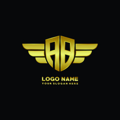initial letter AB shield logo with wing vector illustration, gold color