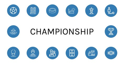 Set of championship icons such as Soccer ball, Ranking, Puck, Achievement, Trophy, Ball, Golf ball, Referee, Bowling, Football field, Bowling pins, Medal, Ice hockey , championship