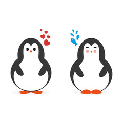 Fototapeta premium Two cute cartoon penguin for Merry Christmas and New Year’s celebration vector illustration. Love, hearts and fishes in dreams.