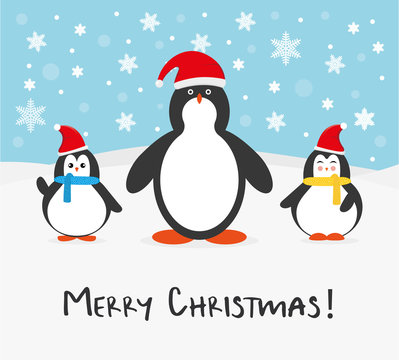 Cute cartoon penguin family greeting card for Merry Christmas and New Year’s celebration with Red Santa hat, and blue scarf yellow under snow and snowflakes vector illustration.