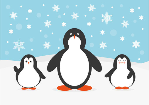 Cute cartoon penguin family greeting card for Merry Christmas and New Year’s celebration under snow and snowflakes vector illustration.